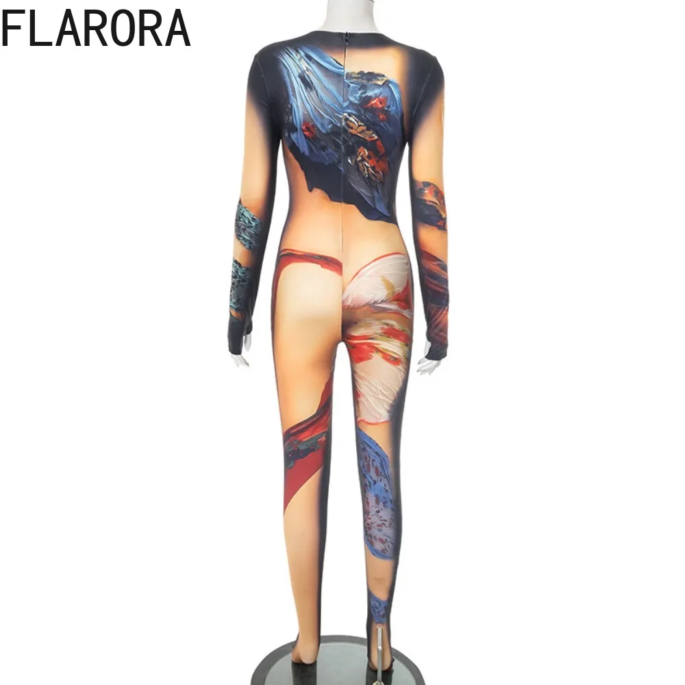 FLARORA винтажные облегающие комбинезоны с ярким принтом, женские цельные комбинезоны с круглым вырезом и длинными рукавами, сексуальная клубная одежда для полуночной вечеринки