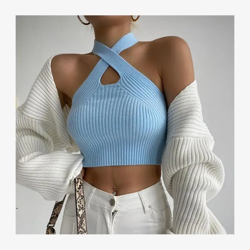เสื้อกล้ามถักสำหรับผู้หญิง สไตล์สตรีท ทรงเข้ารูป ดีไซน์เว้า สีสันลำลอง แฟชั่นฤดูใบไม้ผลิ