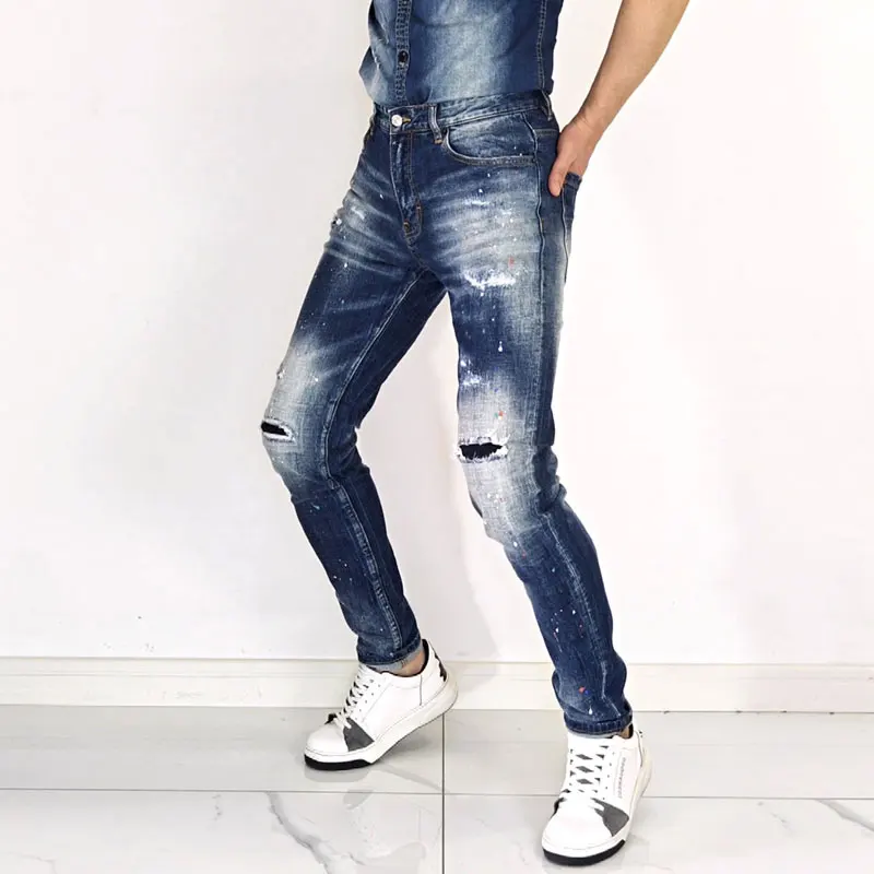 Men Dark Blue Vintage Washed Striped Ripped Splash Ink Stretch Slim Skinny Jeans Mid Rise Hip Hop Streetwear Denim Jeans hombre
