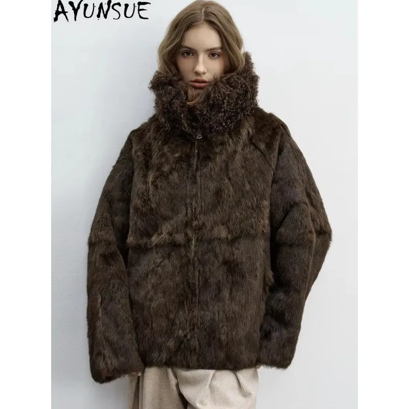 AYUNSUE Real Rabbit Fur Coat 2026 Fashion Warm Parka Sheep Wool Collar Womens Clothes Winter Jacket for Woman Abrigos De Mujer