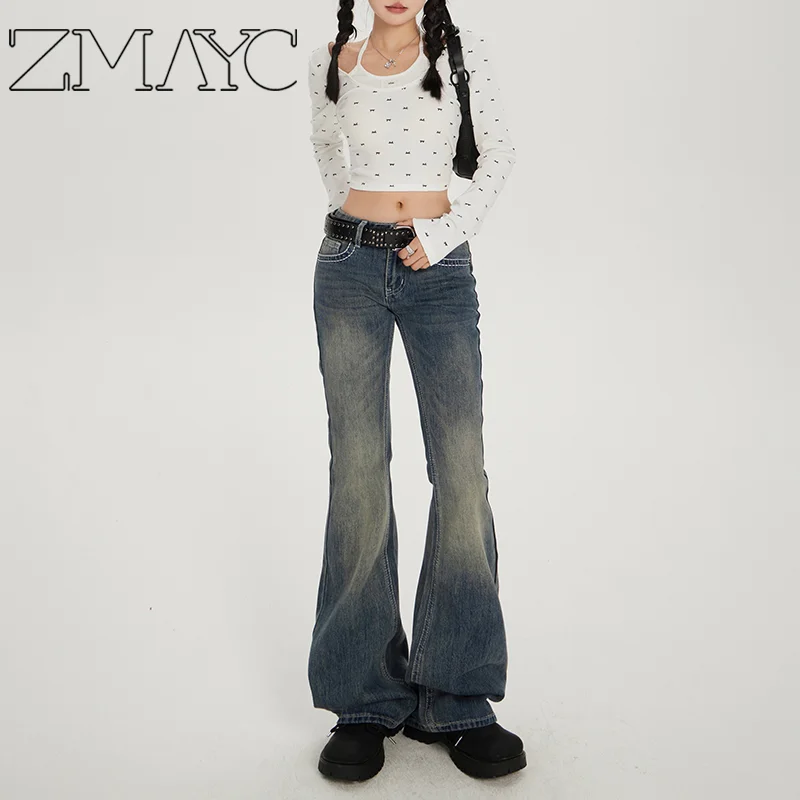 ZMAYC Women's Low Waisted Flared Slim Fit Jeans Early Autumn New Casual Wide-leg Pants Female Sexy Denim Bell-bottoms Trousers