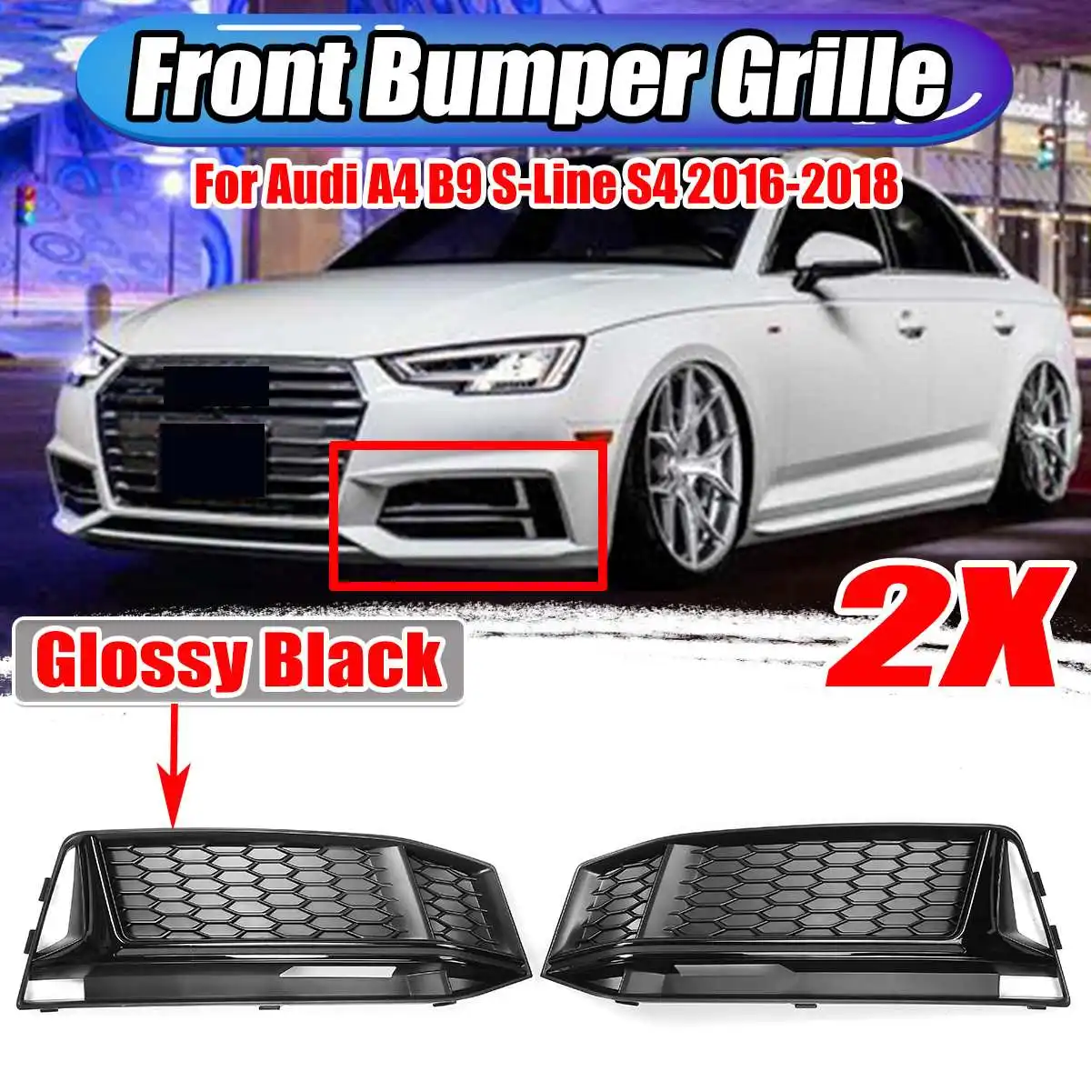 A Pair Car Front Fog Light Grill Grille Lamp Cover Honeycomb Hex For Audi A4 B9 S-Line S4 2016-2018 8W0807681K 8W0807682K