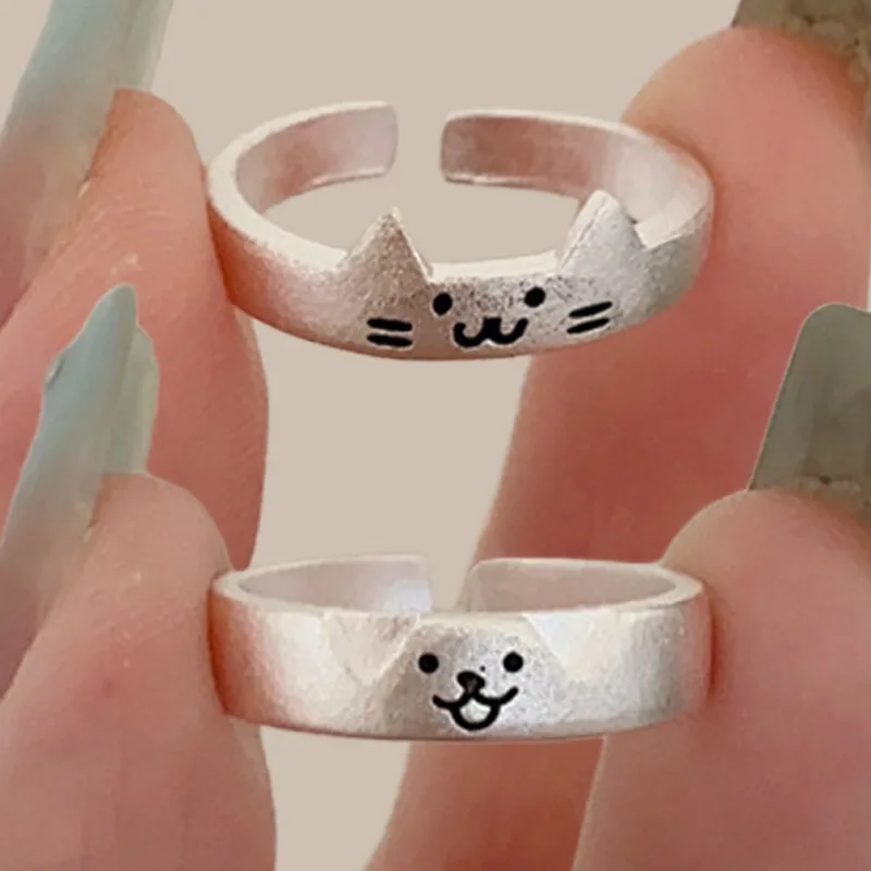 1/2Pcs Cute Dog Cat Couple Rings Women Men Simple Design Adjustable Lovers Friendship Fashion Jewelry Fingers Accessories Gift