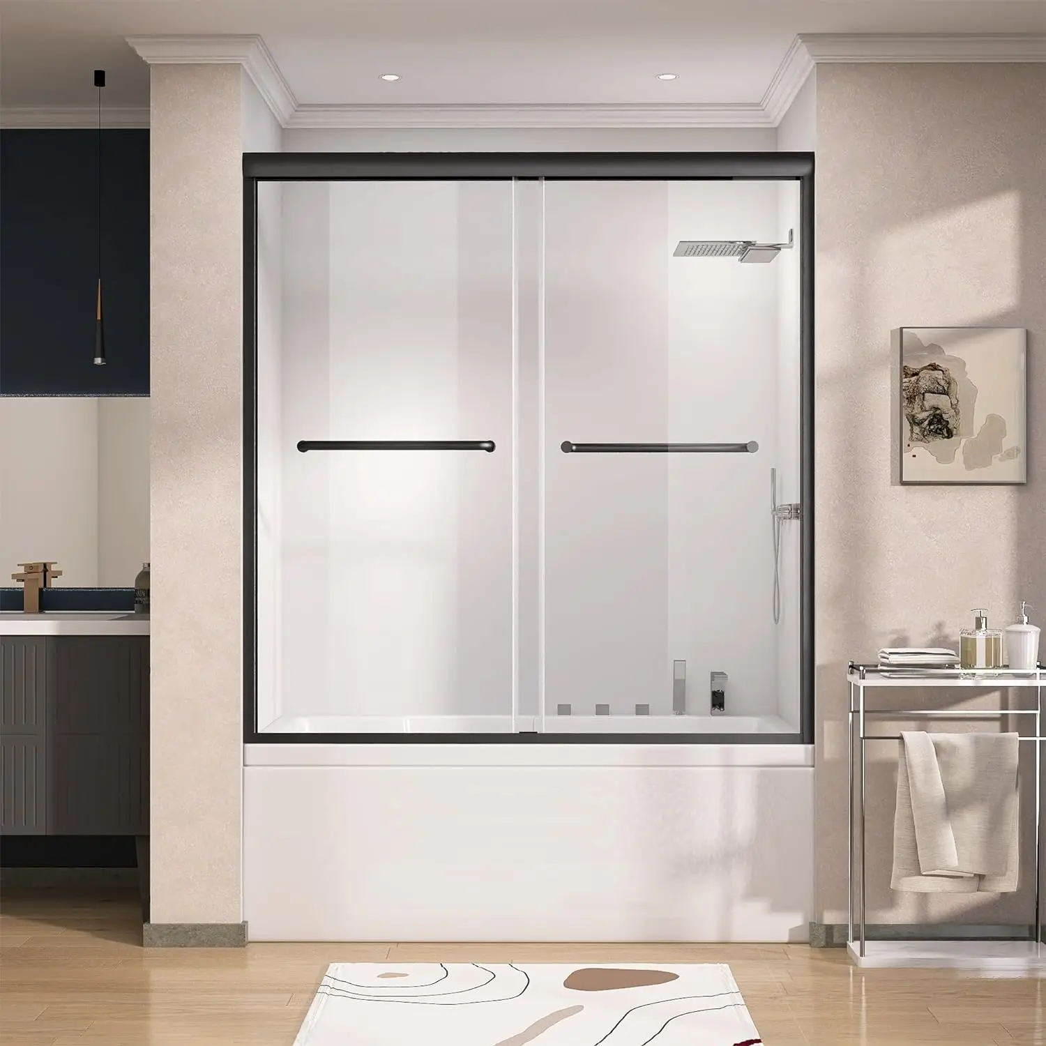 For Tub 56-60 In. W X 62 . H Semi-Frameless , Double Sliding Bypass Bath Glass Shower Door