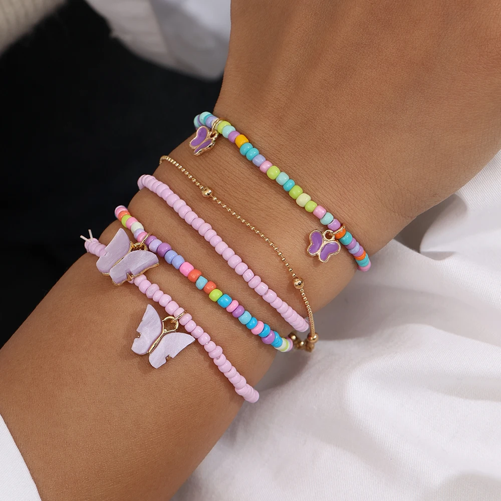 

5pcs Bohemian Handmade Colorful Beads Bracelet for Women Girls Butterfly Pendants Bracelets Wristband Jewelry Gifts