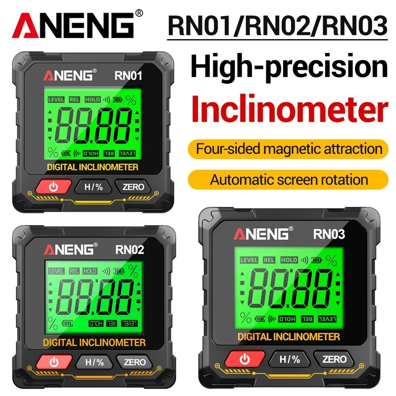 High Precision ANENG RN01 RN02 RN03 Inclinometer 4-Sided Magnetic Base Auto Rotate LCD Digital Level Angle Meter