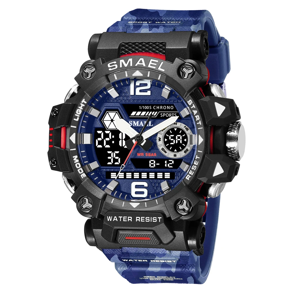 SMAEL Dual Movement Dual Display Sport Electronic Wristwatch Mens Camouflage Waterproof Quartz Digital Watch Male Stopwatch