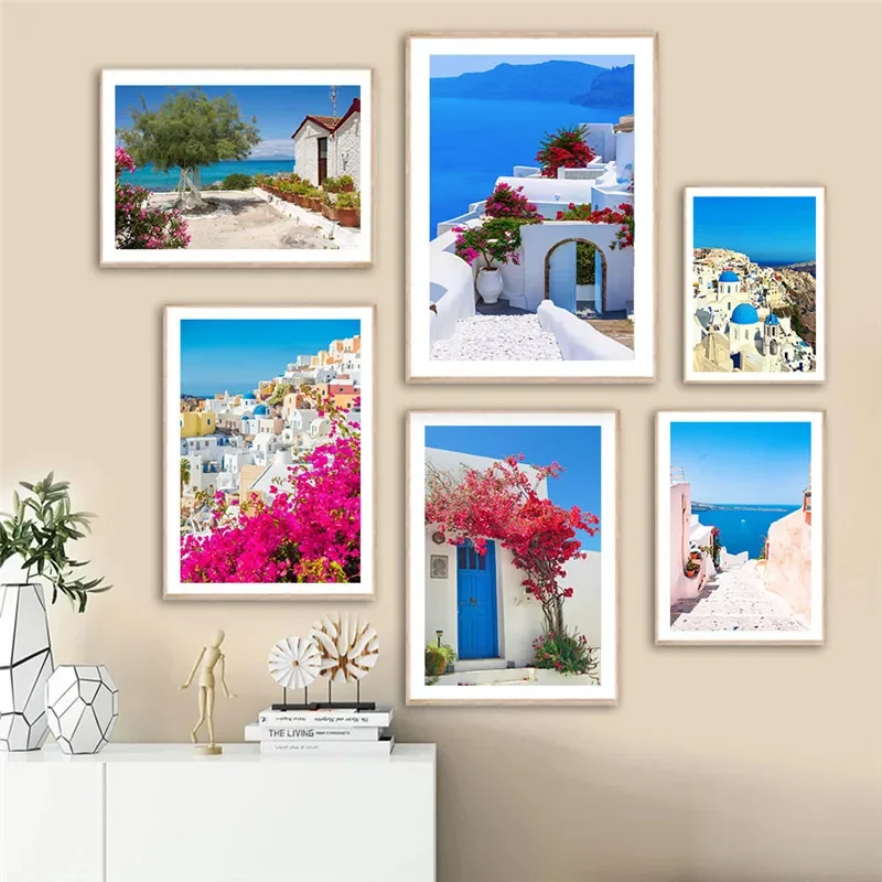 Santorini Greece Island and The Aegean Sea Landscape Print Art Canvas Poster For Living Room Decoration Home Wall Picture