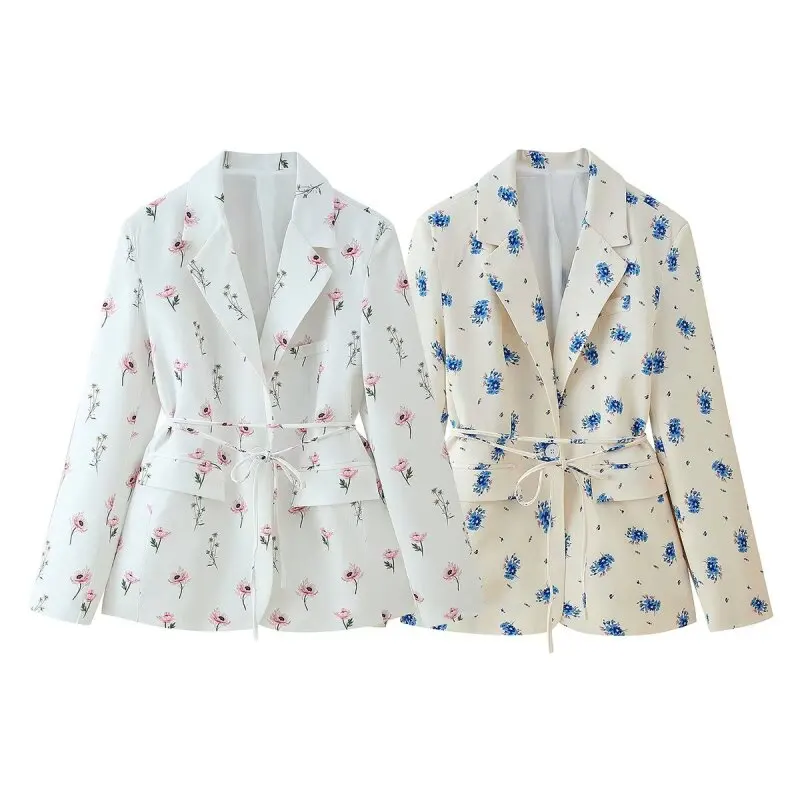 Women's 2026 Floral Print Blazer, White Pink Flower Casual Suit Jacket, Notch Lapel Loose Outwear with Tie Waist