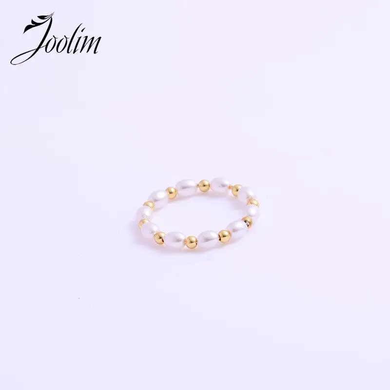 Joolim Jewelry High End PVD Tarnsih Free Elegant Luxury Freshwater Small Beads Joint Stainless Steel Finger Ring for Women