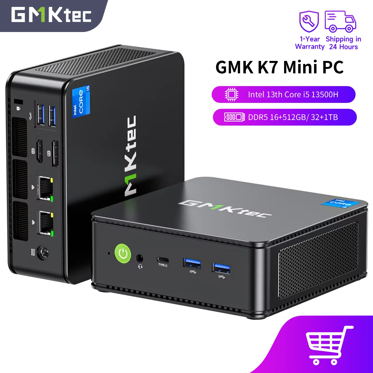 GMKtec NucBox K7 Intel 13th Core i5 13500H DDR5 16+512 ГБ/32+1 ТБ Мини-ПК Window 11 Pro PCIe4.0 M.2 SSD USB4.0 Настольный компьютер