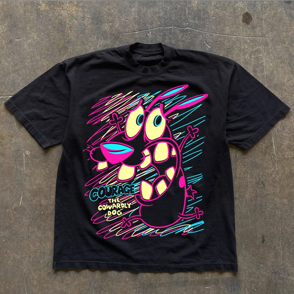 Vintage Courage the Cowardly Dog Cartoon Print Short Sleeve T-Shirt Retro Unisex Graphic Tee 90s Nostalgia Summer Streetwear Top