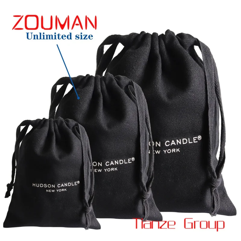 Custom , High quality medium black cotton canvas dust bag with white printing logo for cap shoe hats packaging storage drawstrin