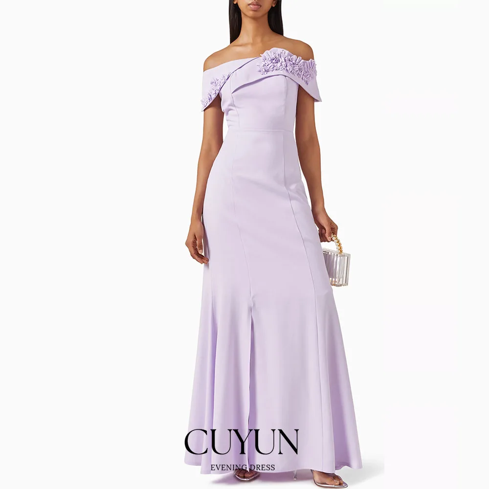 

CUYUN Customized Lavender Off the Shoulder Women Dinner Party Dresses Ruffled Flowers Side Slit Elegant Wedding Guest Dress