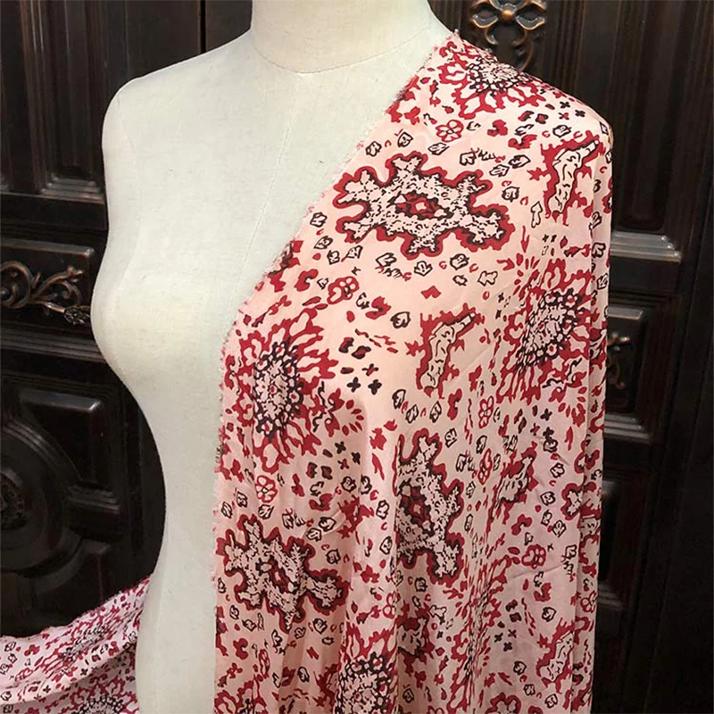 

1 meter 100% Mulberry Silk 12 momme Crepe Silk Fabric Red Pink Printed 140cm 55" wide by the yard CY035