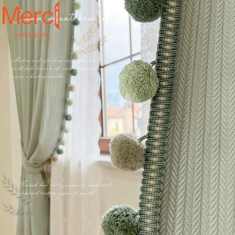 Wheat Grain Milk Green Curtain Big Hair Ball Lace Children's Room Girls and Boys Curtains for Living Dining Room Bedroom Custom