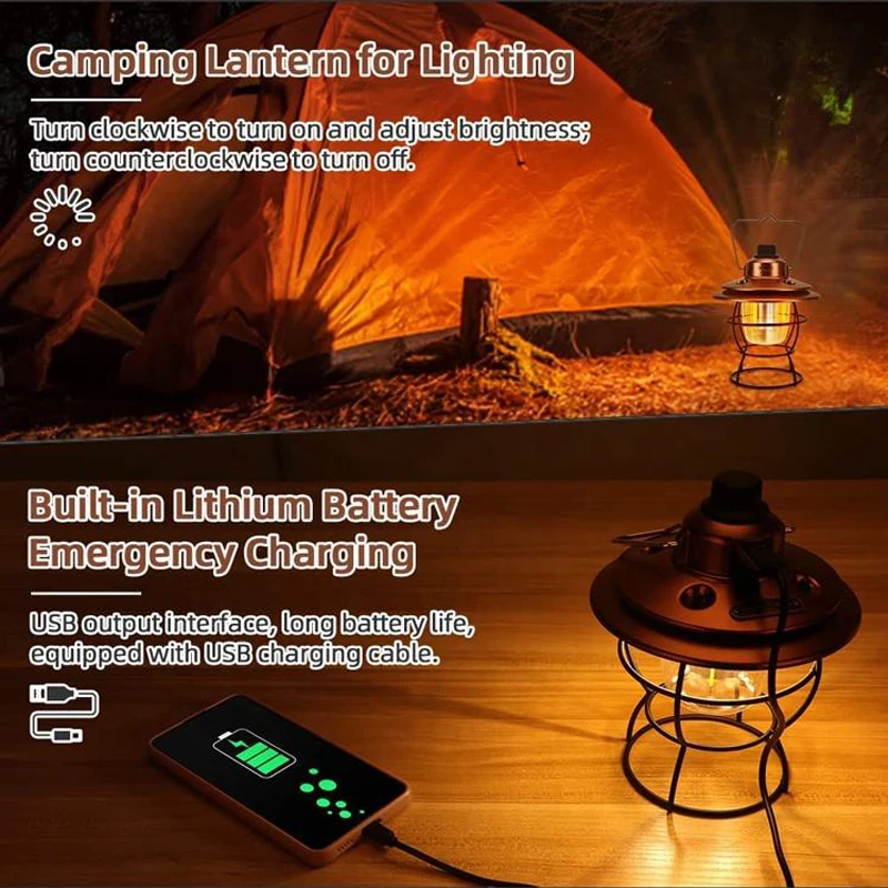 Imagem -05 - Recarregável Led Lanterna Portátil Luz Impermeável Retro Tent Lamp Equipamento de Pesca Viagem Iluminação Camping Luz ao ar Livre