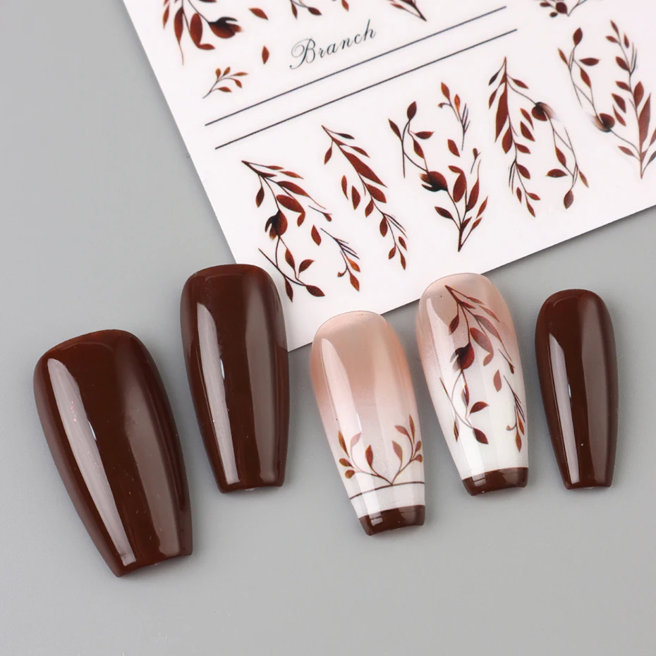 2 Stück 3D Herbst-Braunblätter Nagelkunst-Aufkleber Maillard Warmfarben-Serie Blätter Nagelsticker Tiefe Herbstblätter Nageldesign-Dekor – Detail 5