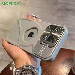 Moda Logo Buraco caixa magnética para iPhone, capa de silicone macio, proteção de lente, Flip Stand, Magsafe, iPhone 11, 12, 13, 14, 15, 16 Pro Max Plus