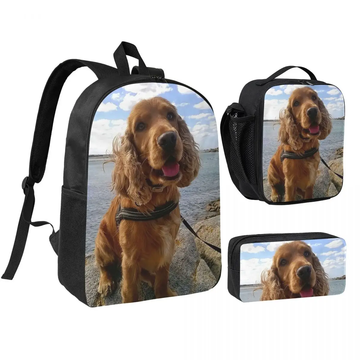 

Funny Cool Cocker Spaniel Dog Animal Backpack Student BookBag School Bag Shoulder Bags 3ps Insulated Lunch Bag Pencil Case