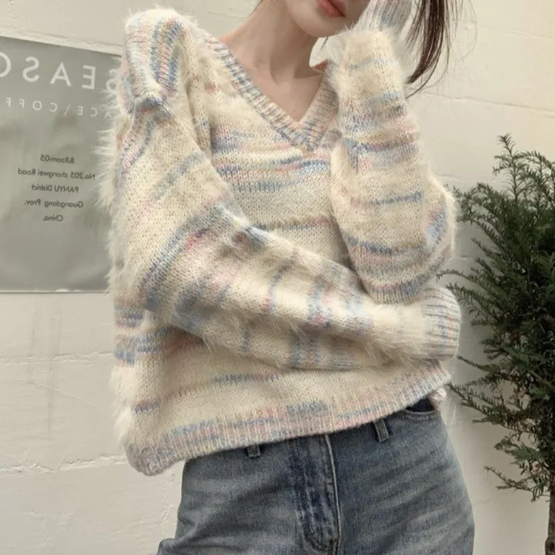 

New Streetwear Harajuku Vintage Striped Knitted Sweaters Autumn Fashion Sweet Y2k Women Pullovers All Match Trendy Sueter Mujer