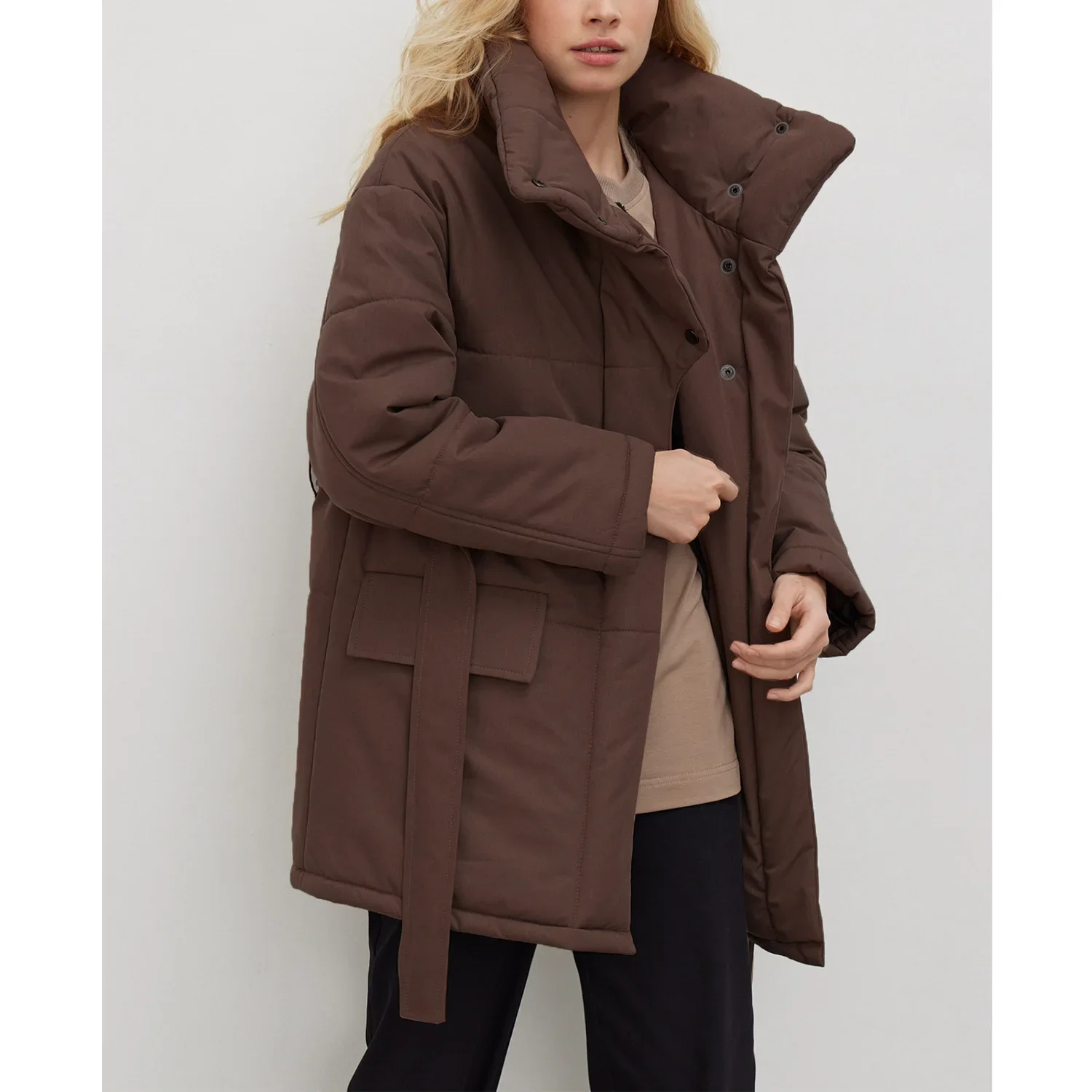 Stand-up Collar Parkas Coats Women Long Sleeve Cotton Jacket Winter Belt Irregular Medium and Long Cotton Jacket Parkas Outwear