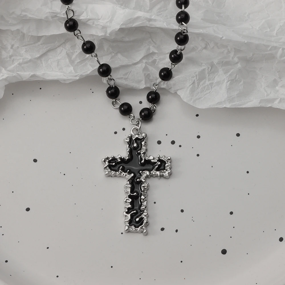 Gotische Vleermuis Kruis Donkere Hanger Ketting Set, Y2K Gepersonaliseerde Doorn Liefde Zwarte Kraal Gestapelde Ketting Set, Geschikt als Halloween G