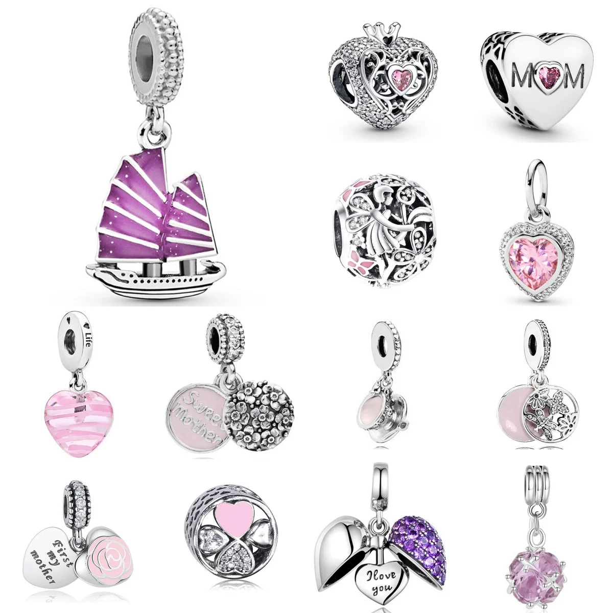 2024 New Silver Plated Pink Heart Pendants Diamond Charm Beads For Fashion DIY Bracelet Necklace Jewelry Accessories Gifts