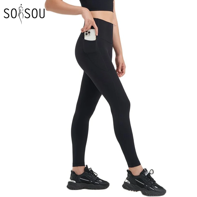 SOISOU Nylon Leggings Yoga Women\'s Pants Gym Sport Fitness Pants Tight Elastic Breathable High Waist Side Pockets Sportswear