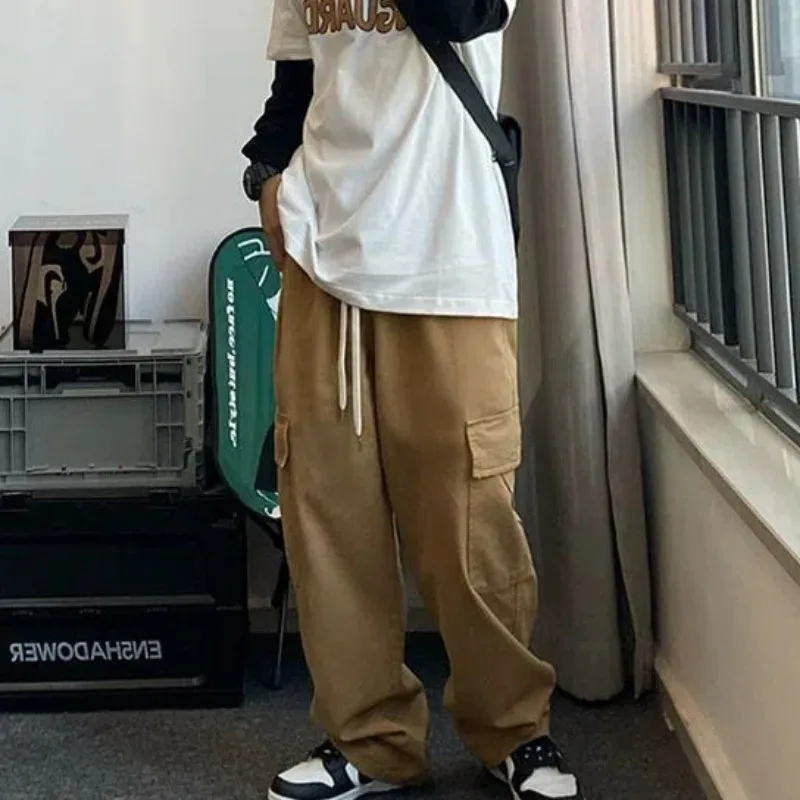 

Мужская одежда, весенне-осенние брюки-карго, широкие однотонные эластичные брюки с высокой талией и карманами, повседневные модные винтажные брюки