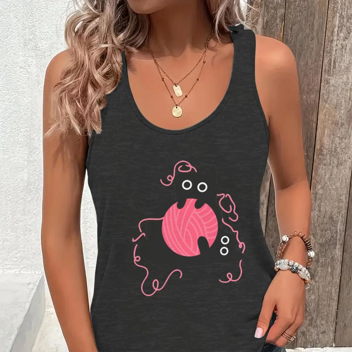 Funny Black Cat Graphic Tank Top Women Cartoon Cat Meme Racerback Summer Outfit Cat Lover Tanks Women Casual Tops