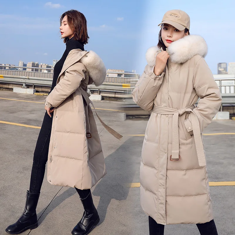 

Women Hooded Parkas Coat Long Overcoat Solid Waist Tie Zipper Big Fur Collar Loose Thick Casual Office Lady Autumn Winter 2025