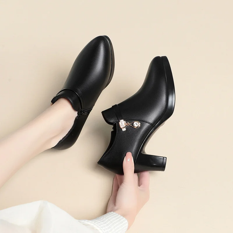 Spring Comfortable Fashion Deep Mouth Soft Leather Shoes Women\'s Platform Pumps Fall  Block Heels Office Mom Shoes