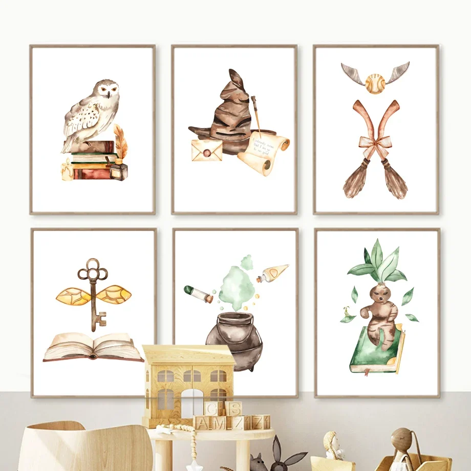 

Magical Wizard School Owl & Witch Poster - Nursery Wall Art Canvas Kids Room Decor - Printable Gallery for Children's Bedroom