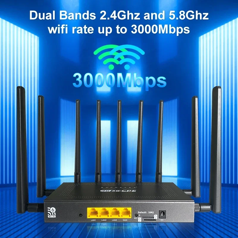 Zbtlink Unlocked 5G WIFI6 Router Two Sim Card 3000Mbps Wifi 5g Modem RM520N-GL 2.4Ghz 5Ghz 4×4 MIMO CPE WIFI Router 8 Antenna