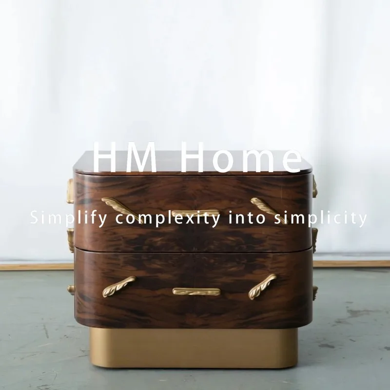 Retro new Chinese designer solid wood bedside table walnut round locker metal foot bedroom furniture