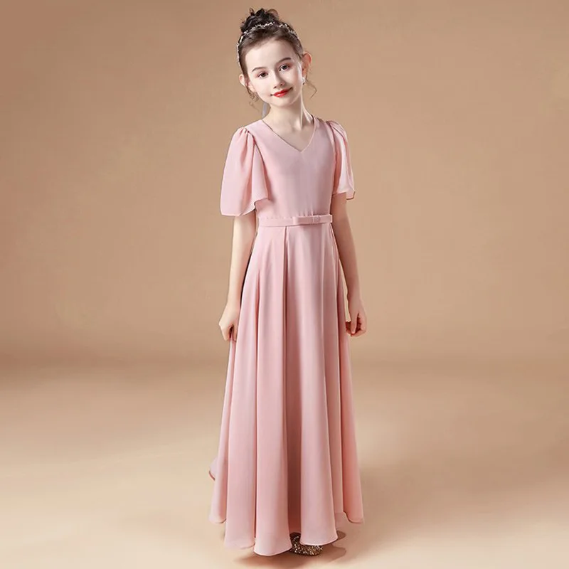 

It's Yiiya Customized Flower Girl Dress Pink Chiffon V-neck Short Sleeves Bow A-line Zipper Back Floor Length Kids Gown T056