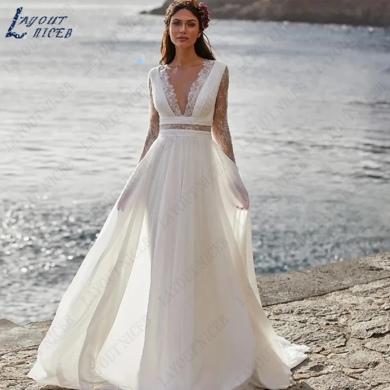 

LAYOUT NICEB Chiffon Full Sleeves Wedding Dresses Women Lace A-Line Bridal Gowns Deep V-Neck Illusion Robes De Mariée Customize