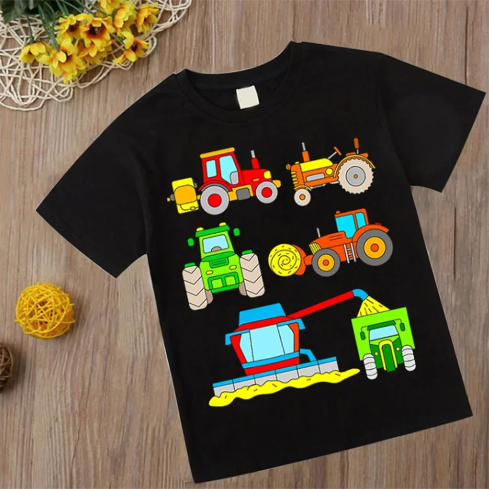 Funny cartoon car tractor T-Shirt Kids Oversized Printing Clothing Boys Summer Round Collar Shirt Girl Fashion Streetwear