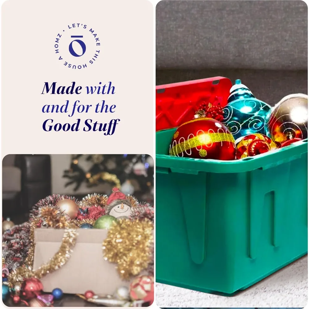 Paquete de 4 contenedores de almacenamiento de plástico resistentes Durabilt con tapas, 27 galones, rojo/verde, cajas contenedoras apilables para vacaciones, A