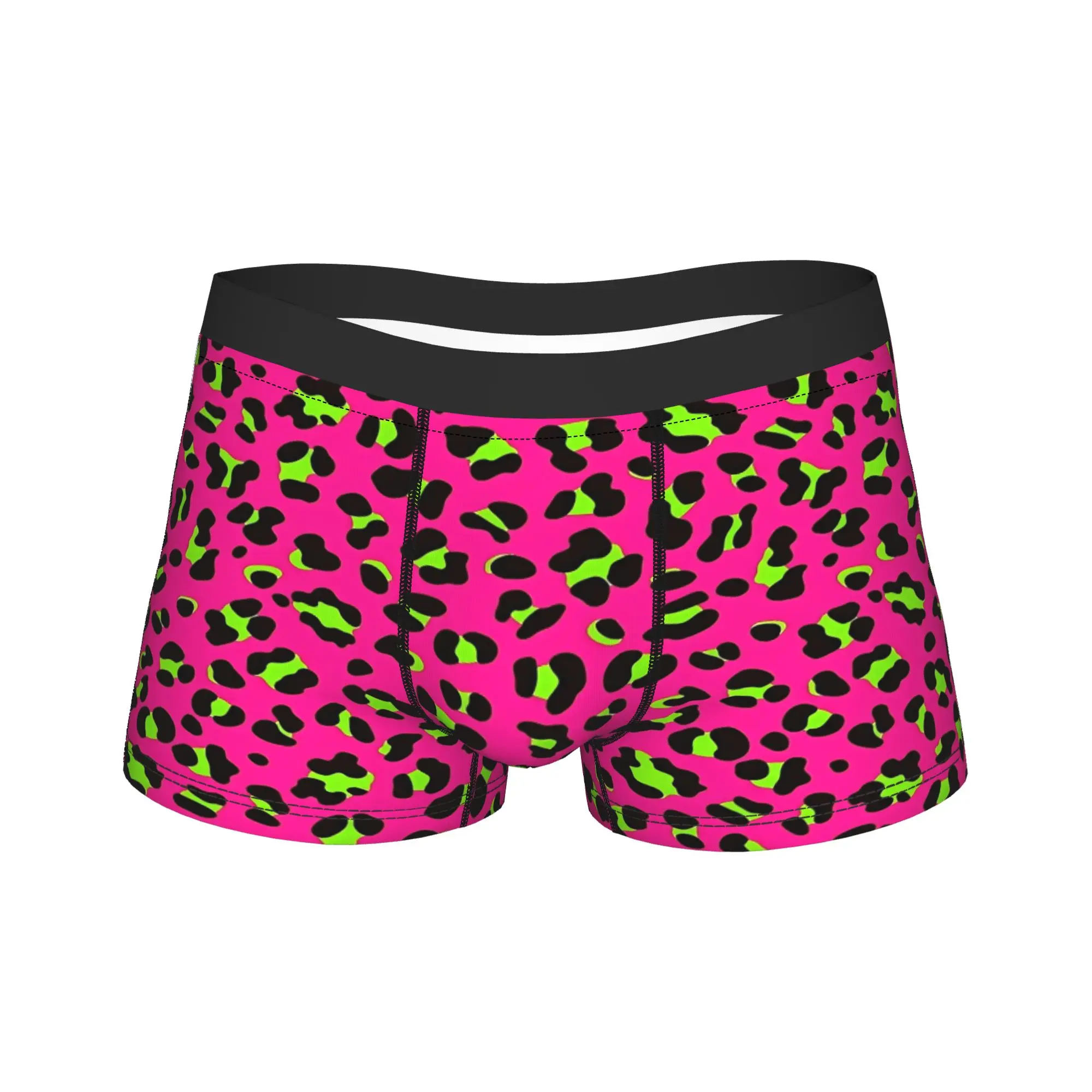 Ropa interior psicodélica de los años 80, rosa neón, fucsia y leopardo verde lima, estampado de maletero, bragas para hombre, pantalones cortos transpirables, calzoncillos de regalo
