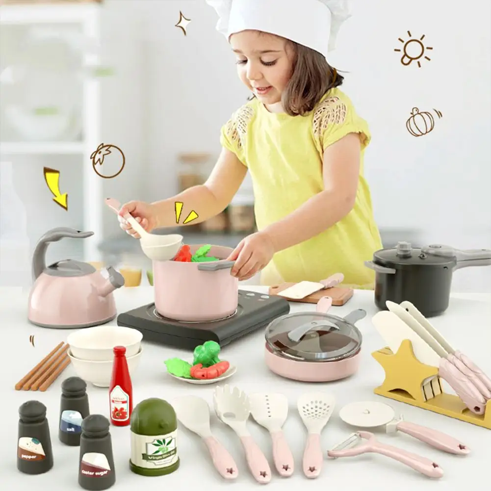 Children Simulation Kitchen Cooking Game Toy Set Sound Light Function Pot Pan Bowl Kids Pretend Play Kitchen Cookware Kit Gifts