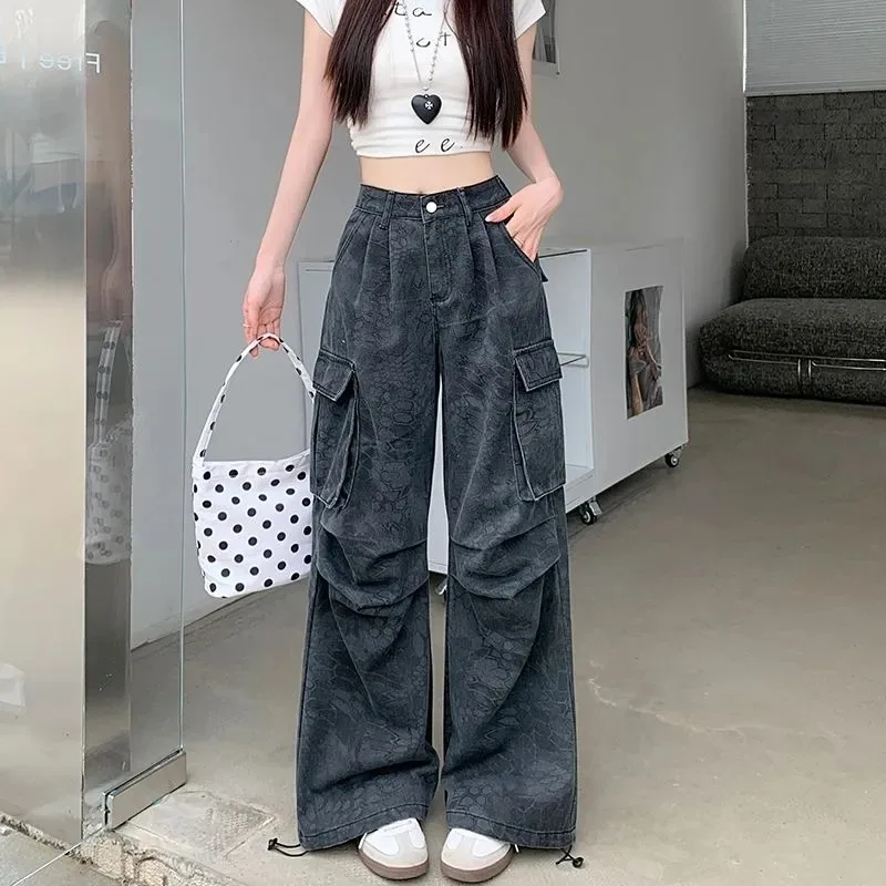 Womens Jeans Cargo Loose Fit Multiple Pockets Autumn Winter Streetwear American Retro Faded Camouflage Print Wide Leg Pants