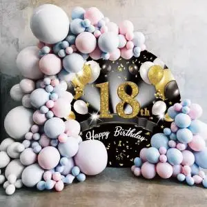 Happy 18th Birthday Round Backdrop Cover Gold Pink Black Balloon Girl Boy 18 Years Old Party Photography Background Photo Studio