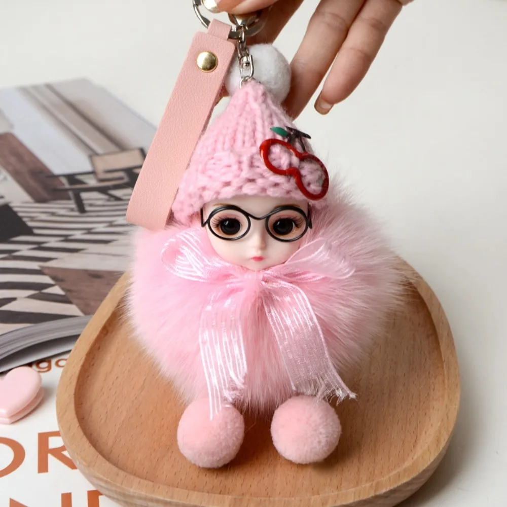 Eye Glass Doll Cute Pompom Keychain Car Key Ring Real Fur Ball Pompom Doll Brelok do kluczy Fluffy Cherry Baby Doll Ball Key Chain