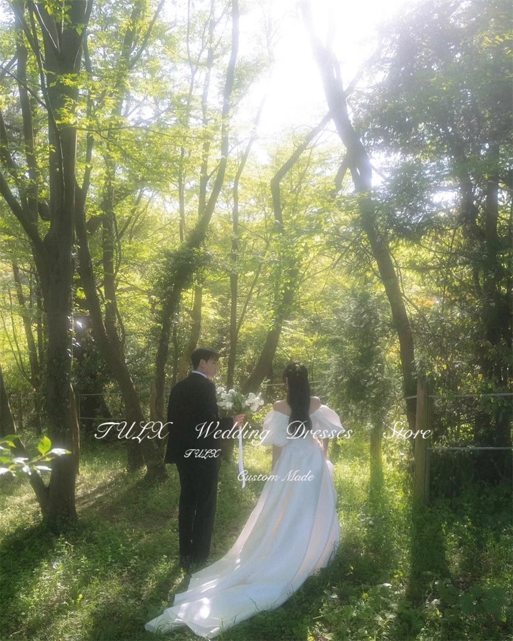 TULX Korea Garden Photo Shoot V-Neck Puff Sleeve Princess Wedding Dresses Satin Elegant Long Bridal Gown Corset 웨딩드레스 Customized