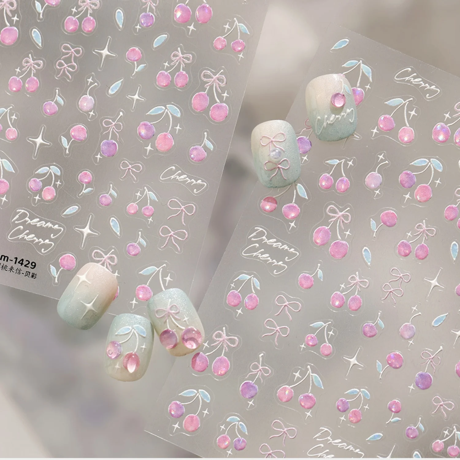Pegatinas de Uñas 5D con Lazo Rosa Cereza Iridiscente, Hojas con Purpurina Fina, Fuente Cursiva Inglesa, Estilo Dulce, Autoadhesivas para Manicura