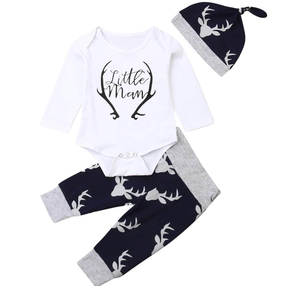 Baby s Clothing Set Letter Pattern Long Sleeve Romper and Print Pants and Hat Three-piece Suit for Toddler Boys Girls