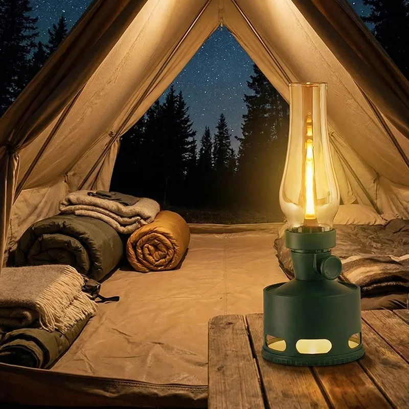 Vintage LED Battery Table Lamp, Cordless Flameless Oil Lantern, 10-Level Dimmable Night Light with Blow & Tilt Control