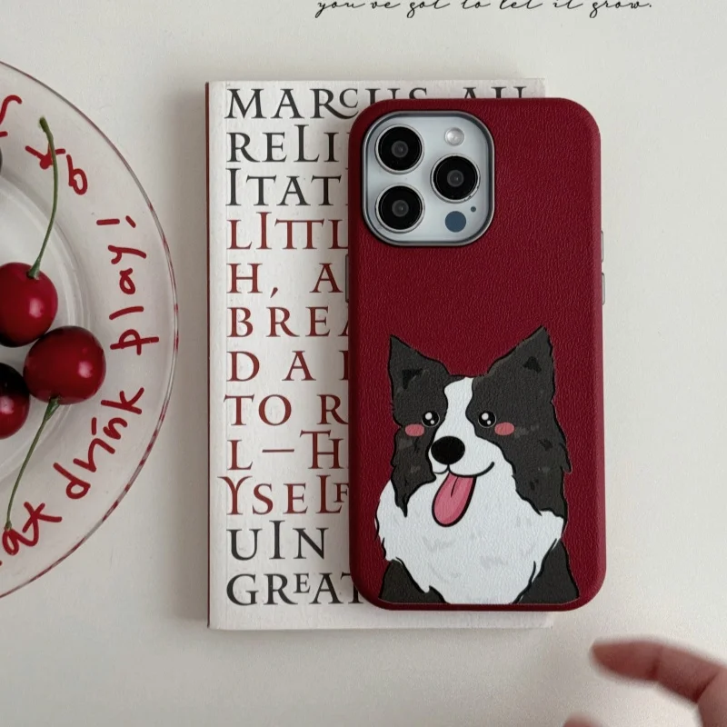 Metal ring leather pattern red glasses cat dog couple phone case for iPhone 13, 14, 15 ,16 Pro Max